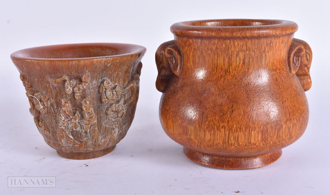 TWO CHINESE BUFFALO HORN TYPE LIBATION CUPS. 14cm high. (2) (1 of 5)