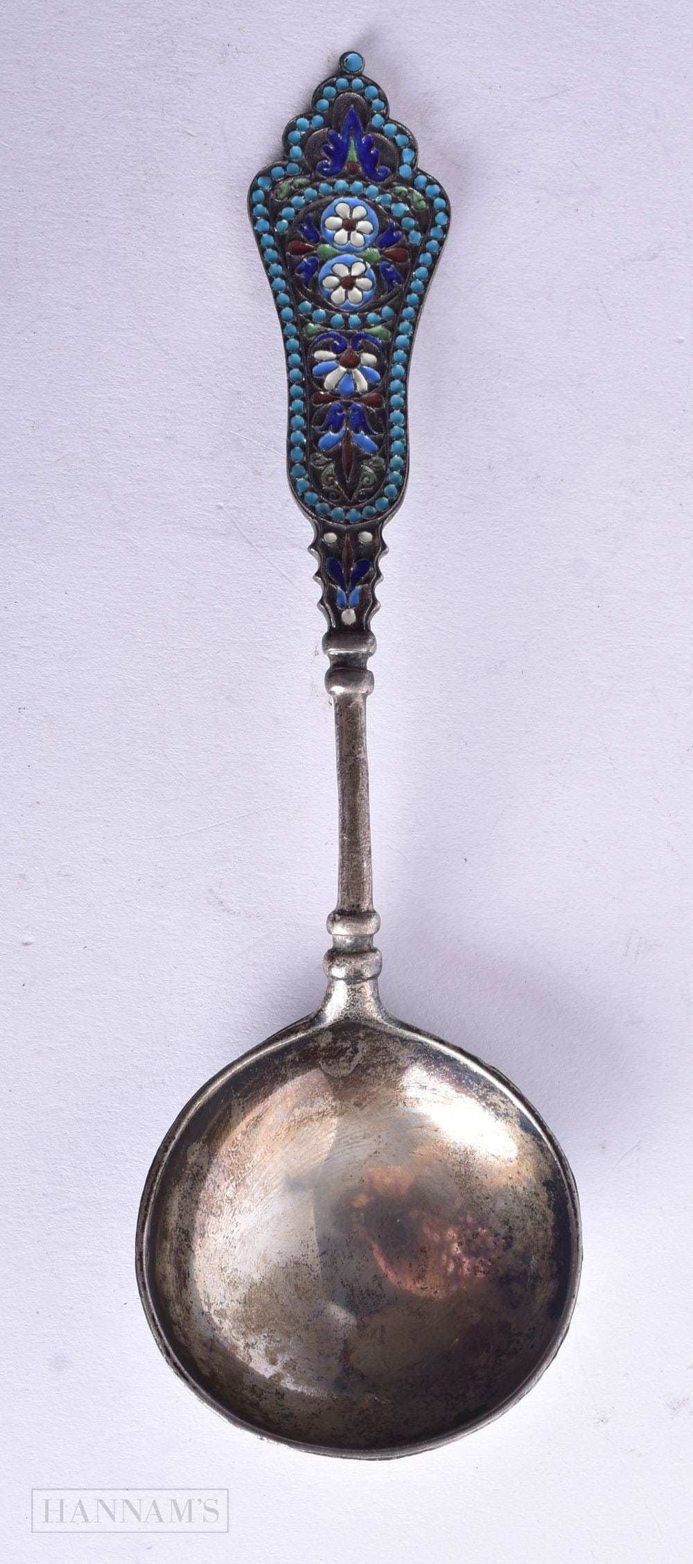 A CONTINENTAL SILVER AND ENAMEL SPOON. 56 grams. 18 cm long. (1 of 4)