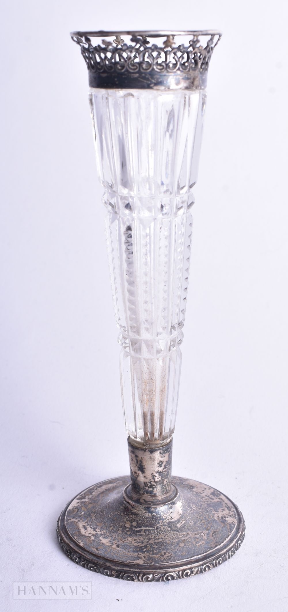 A SILVER MOUNTED CRYSTAL GLASS VASE. 70 grams overall. 13.5 cm high. (1 of 4)