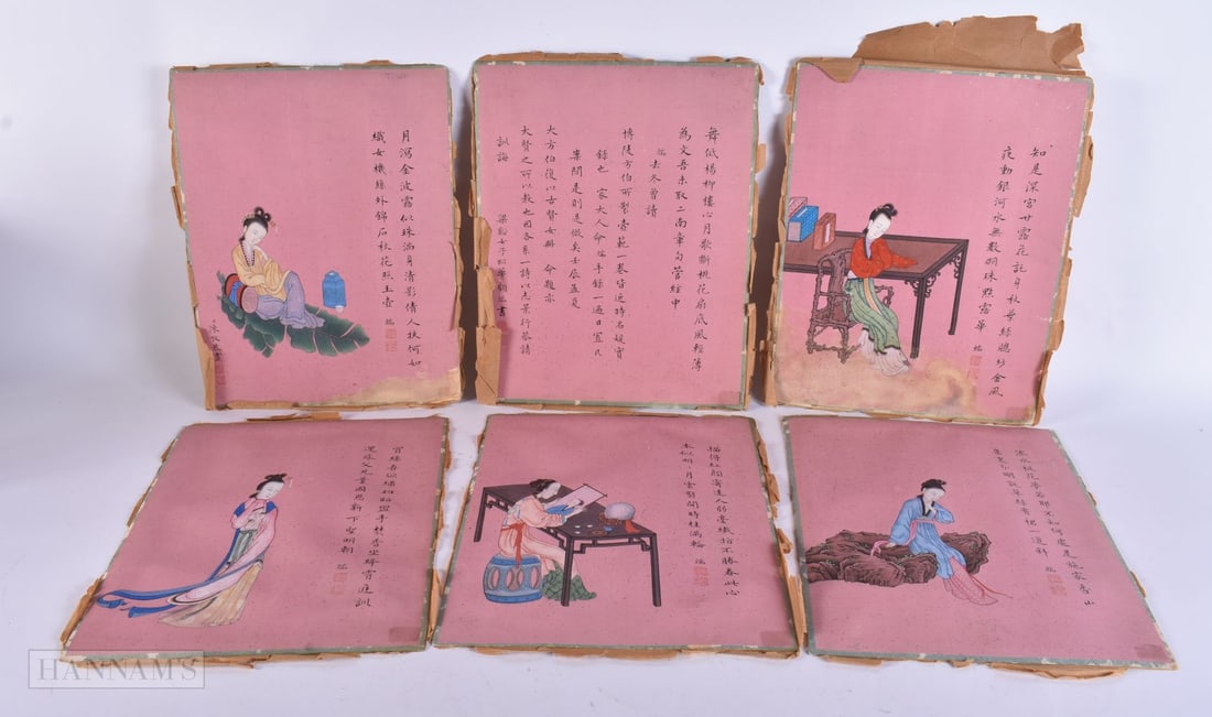 Chinese School (19th Century) 6 x Silk Paintings, Figures and calligraphy. 30 cm x 22 cm. (6): Chinese School (19th Century) 6 x Silk Paintings, Figures and calligraphy. 30 cm x 22 cm. (6)