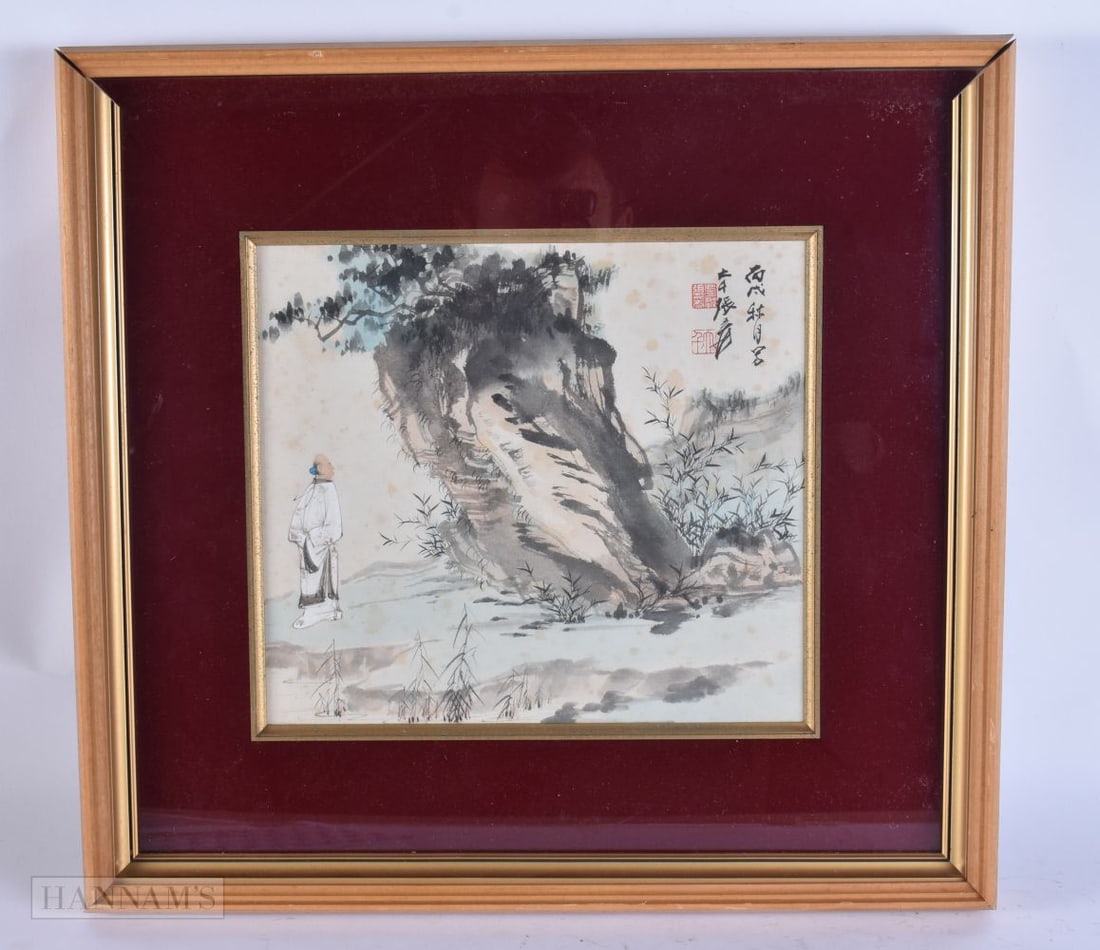 Chinese School (Late Qing/Republic) Watercolour, Scholar in a landscape. 44 cm square, image 26 cm x: Chinese School (Late Qing/Republic) Watercolour, Scholar in a landscape. 44 cm square, image 26 cm x 24 cm.