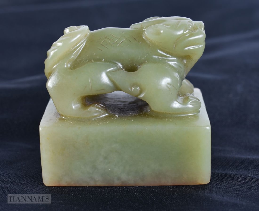 A CHINESE QING DYNASTY GREEN JADE BEAST SEAL. 4.25 cm x 3.25 cm. (1 of 6)