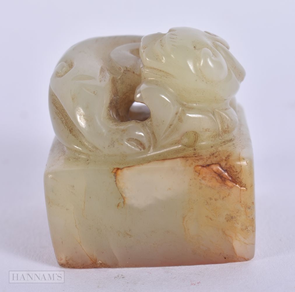A CHINESE QING DYNASTY RUSSET JADE BEAST SQUARE SEAL. 3 cm square. (1 of 6)