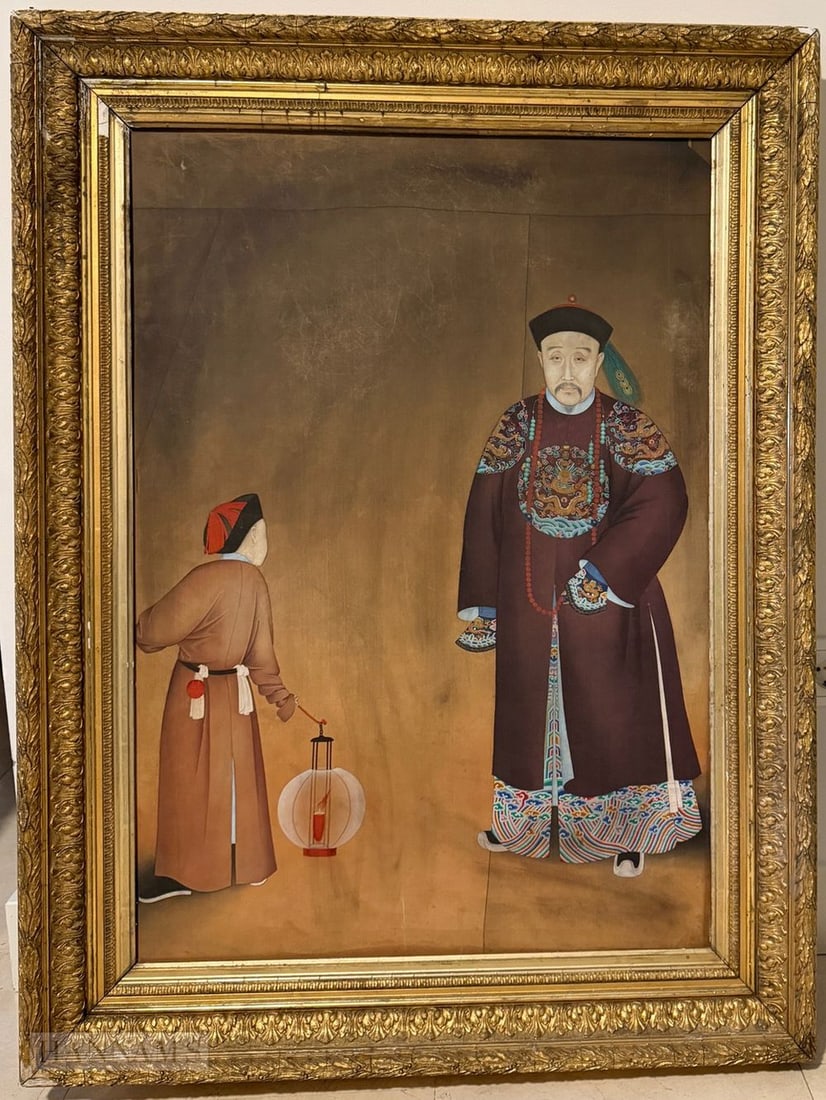 Chinese School (19th Century) Attributed to Giuseppe Castiglione, Oil on Canvas (laid onto board), F: Chinese School (19th Century) Attributed to Giuseppe Castiglione, Oil on Canvas (laid onto board), Figure and another with a lantern. 114 cm x 82 cm, image 90.5 cm x 60.5 cm. Note: See Sotheby's 8th A