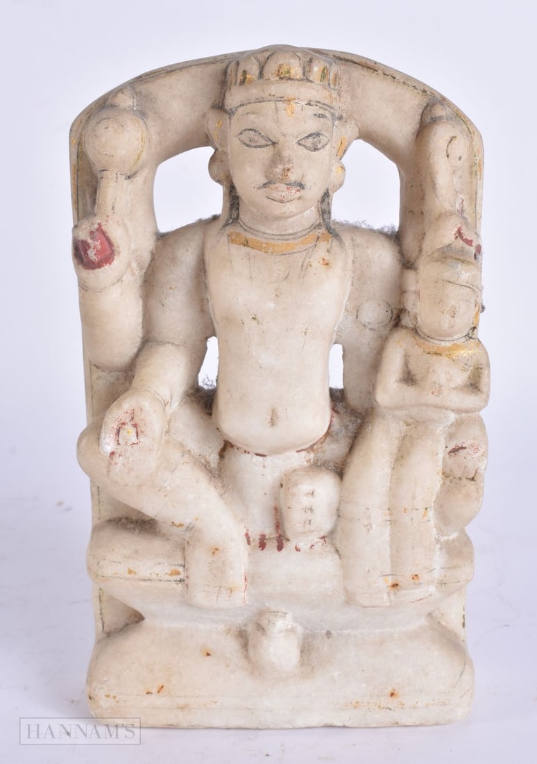 A 19TH CENTURY INDIAN RAJASTHANI PAINTED MARBLE DEITY SHRINE GROUP. 19 cm x 10 cm. (1 of 4)