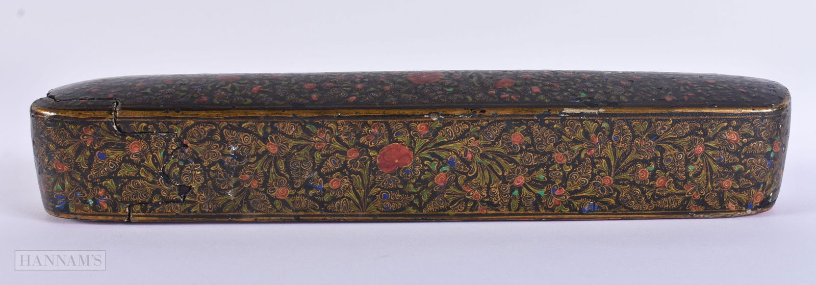 AN ANTIQUE PERSIAN QAJAR LACQUER SLIDING PEN BOX. 27cm wide. (1 of 5)