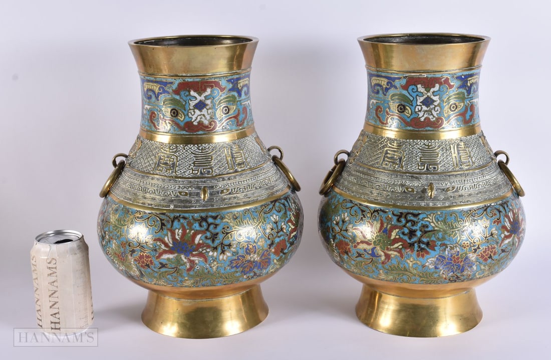 A PAIR OF 19TH CENTURY CHINESE CHAMPLEVE ENAMEL BRONZE VASES Qing, decorated with foliage. 34 cm x 1 (1 of 7)