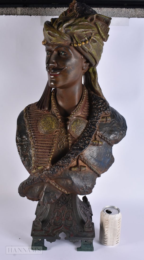 A LARGE ANTIQUE COLD PAINTED SPELTER BUST OF AN ARABIC MALE. 88 cm x 32 cm.: A LARGE ANTIQUE COLD PAINTED SPELTER BUST OF AN ARABIC MALE. 88 cm x 32 cm.