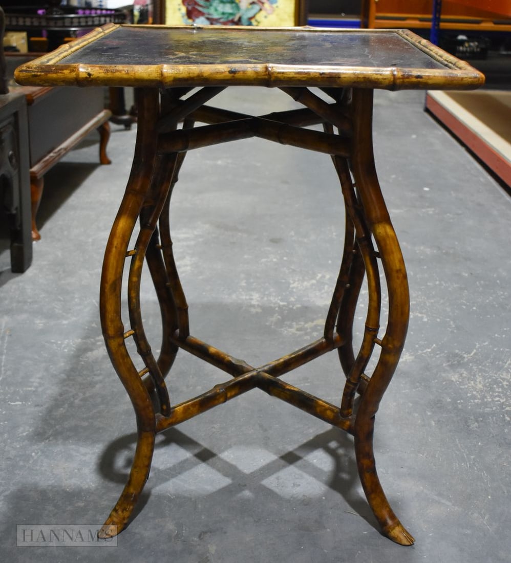 AN AESTHETIC MOVEMENT LACQUERED BAMBOO CHINOISERIE TABLE. 70 cm x 55 cm. (1 of 7)