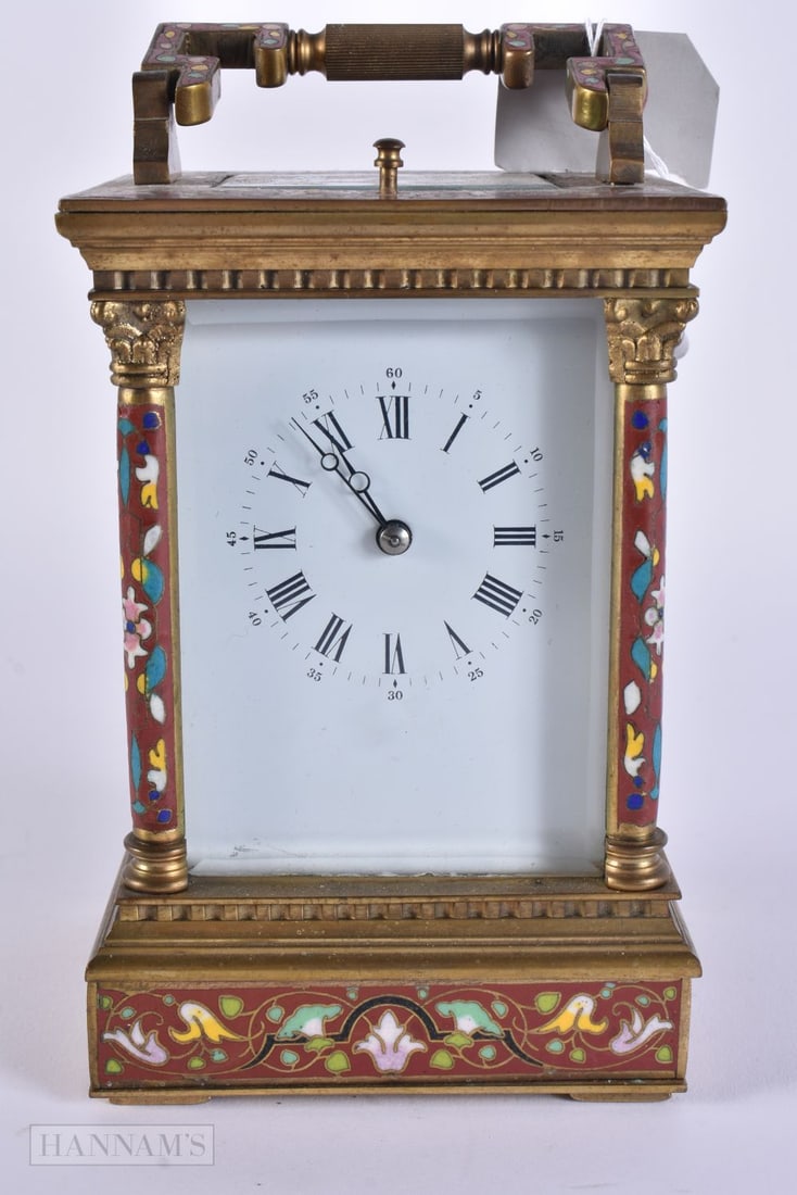 AN ANTIQUE FRENCH CHAMPLEVE ENAMEL REPEATING CARRIAGE CLOCK. 18.5 cm high inc handle. (1 of 9)