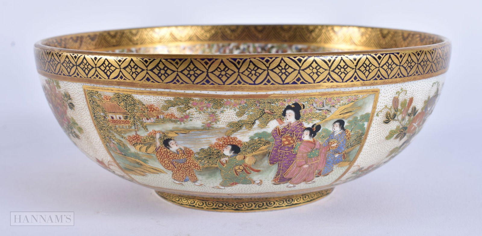 A 19TH CENTURY JAPANESE MEIJI PERIOD SATSUMA BOWL painted with figures and landscapes. 15 cm wide. (1 of 9)
