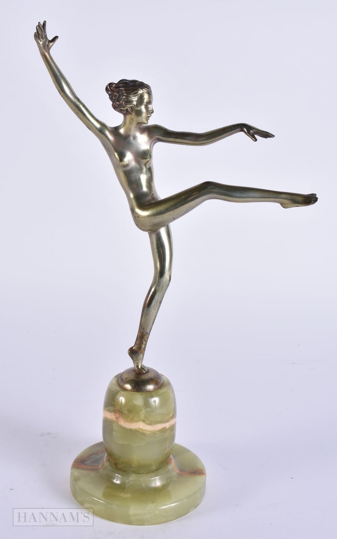 Josef Lorenzl (C1920) Silvered bronze, Nude dancer. 27cm high.: Josef Lorenzl (C1920) Silvered bronze, Nude dancer. 27cm high.