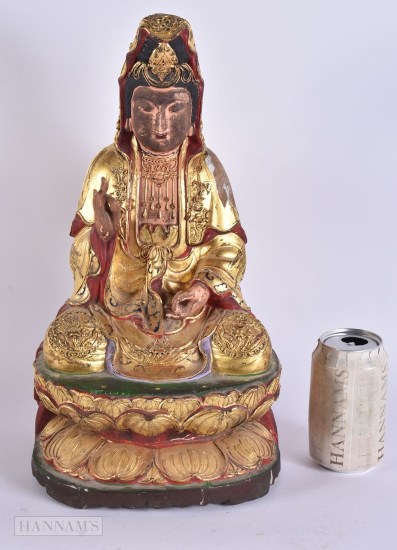A LARGE CHINESE QING DYNASTY LACQUERED WOOD FIGURE OF A BUDDHA. 38 cm x 18 cm.: A LARGE CHINESE QING DYNASTY LACQUERED WOOD FIGURE OF A BUDDHA. 38 cm x 18 cm.