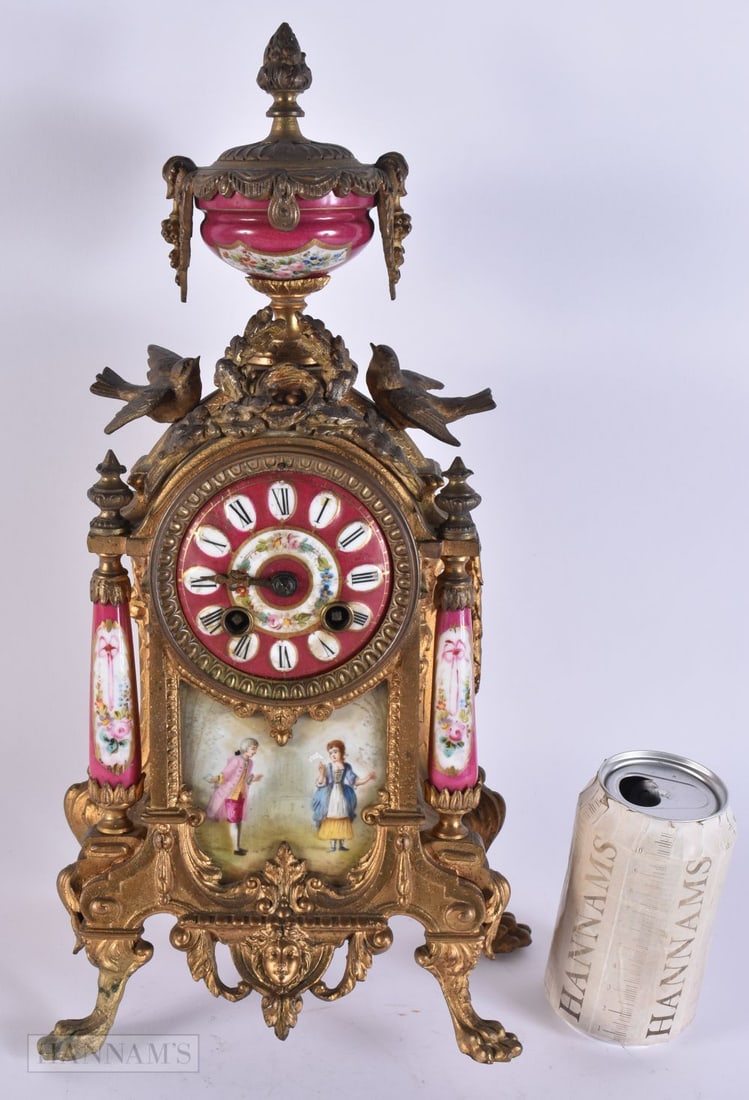 AN ANTIQUE FRENCH PORCELAIN INSET MANTEL CLOCK. 38 cm x 12 cm. (1 of 6)