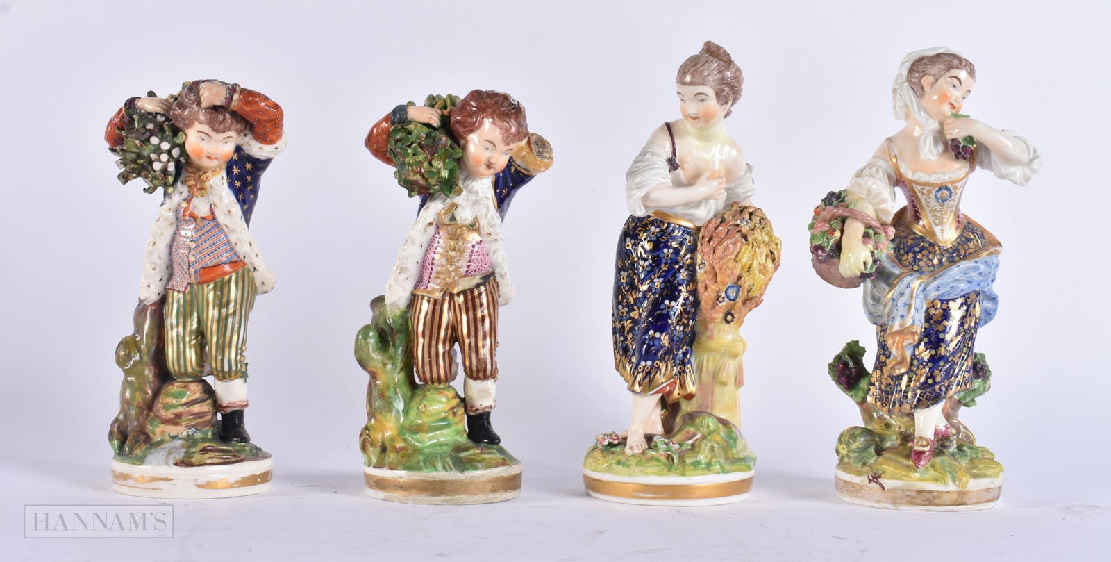 A SET OF FOUR EARLY 19TH CENTURY DERBY PORCELAIN FIGURES. 18 cm high. (4) (1 of 5)