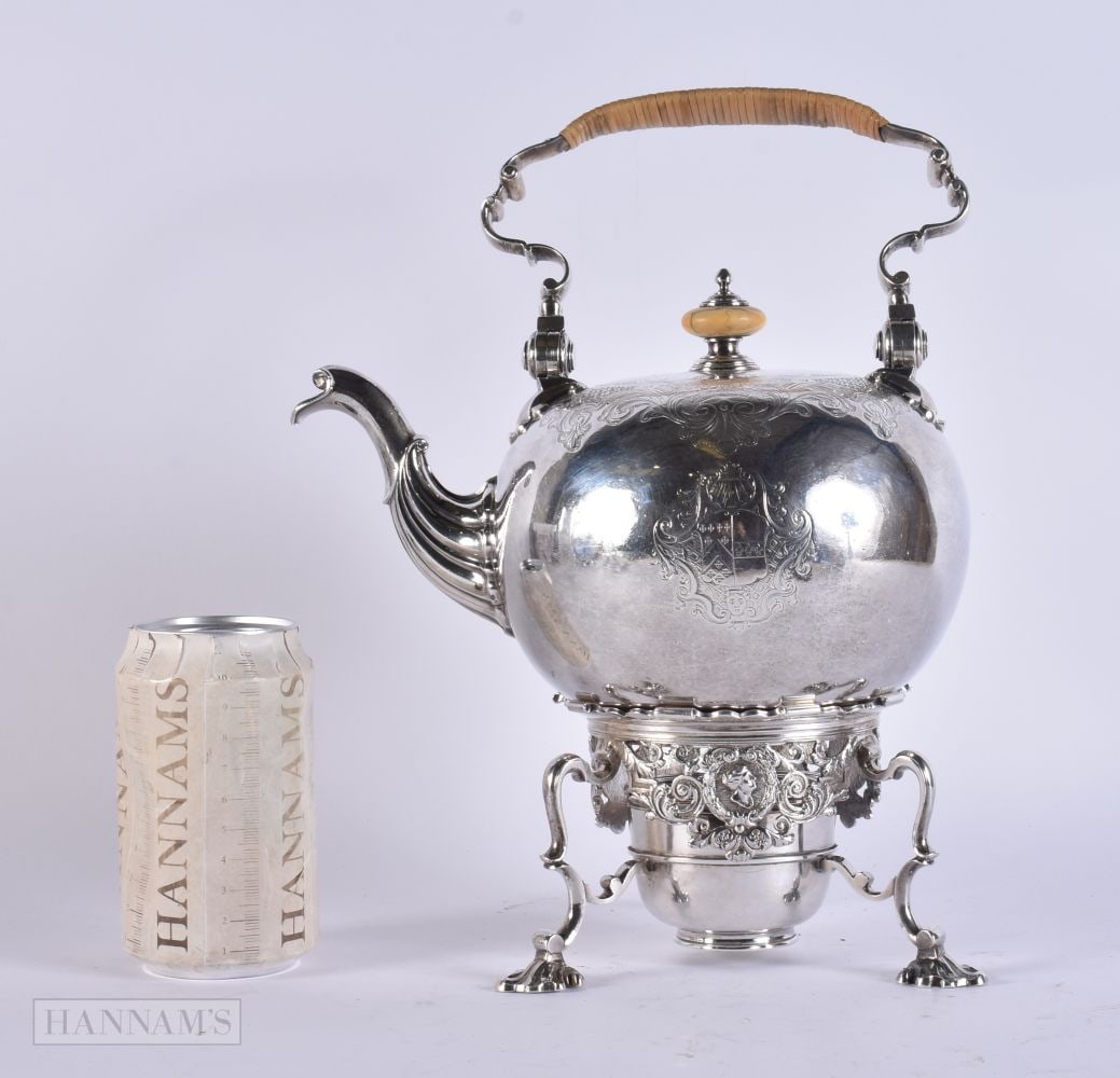 A GEORGE III SILVER SPIRIT KETTLE ON STAND by William Kidney. London 1735. 1752 grams. 32 cm x 15 cm: A GEORGE III SILVER SPIRIT KETTLE ON STAND by William Kidney. London 1735. 1752 grams. 32 cm x 15 cm.