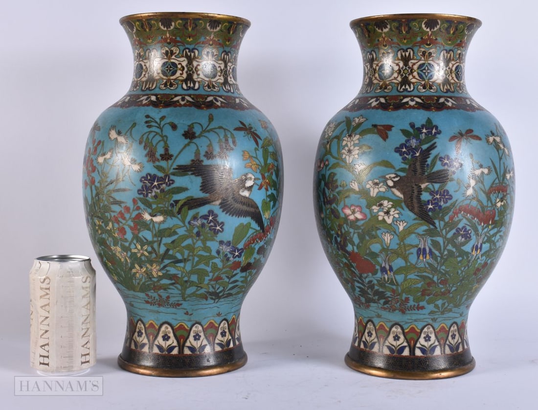 A LARGE PAIR OF 19TH CENTURY JAPANESE MEIJI PERIOD CLOISONNE ENAMEL VASES decorated with birds in fl (1 of 5)