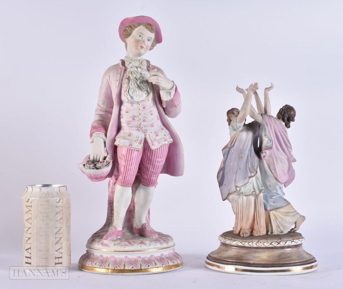 TWO ANTIQUE CONTINENTAL BISQUE PORCELAIN FIGURES. Largest 34 cm high. (2): TWO ANTIQUE CONTINENTAL BISQUE PORCELAIN FIGURES. Largest 34 cm high. (2)