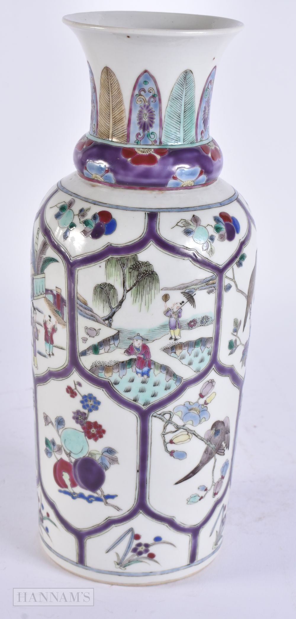 A 19TH CENTURY CHINESE AUBERGINE PANELLED FAMILLE VERTE PORCELAIN ROULEAU VASE bearing Kangxi marks: A 19TH CENTURY CHINESE AUBERGINE PANELLED FAMILLE VERTE PORCELAIN ROULEAU VASE bearing Kangxi marks to base. 24.5 cm high.