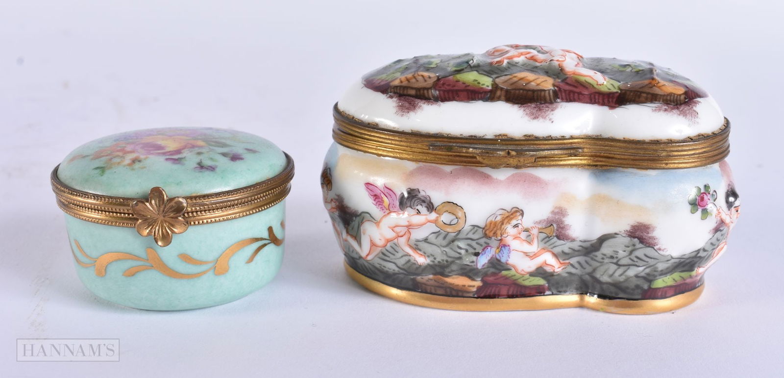 AN ANTIQUE ITALIAN NAPLES PORCELAIN BOX together with a Sevres style box. 5 cm wide. (1 of 6)