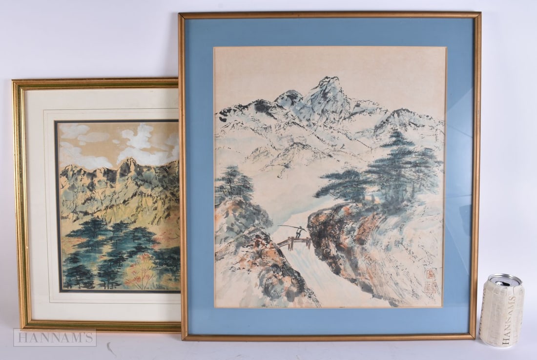 TWO EARLY 20TH CENTURY ORIENTAL WATERCOLOURS painted with landscapes. Largest 60 cm x 44 cm. (2) (1 of 12)