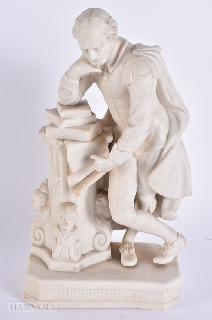 A LATE VICTORIAN PARIAN WARE FIGURE OF A SCHOLAR/AUTHOR. 23.5 cm high.: A LATE VICTORIAN PARIAN WARE FIGURE OF A SCHOLAR/AUTHOR. 23.5 cm high.