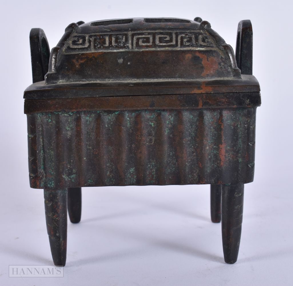 A CHINESE QING DYNASTY BRONZE CENSER AND COVER bearing Ming inscription to base. 9 cm x 9.5 cm. (1 of 5)
