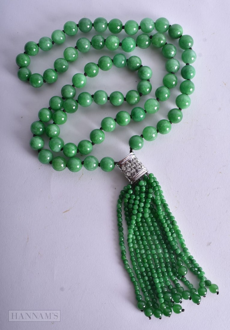 A Jade Bead Necklace with an 18 Carat White Gold Clasp. Stamped 750, Necklace Length (less Pendant) (1 of 3)