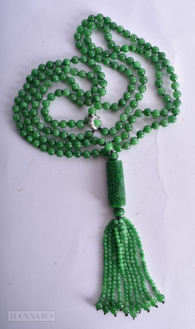 A Jade Double Strand Bead Pendant Necklace with a 14 Carat White Gold Clasp. Stamped 585, Necklace (1 of 3)