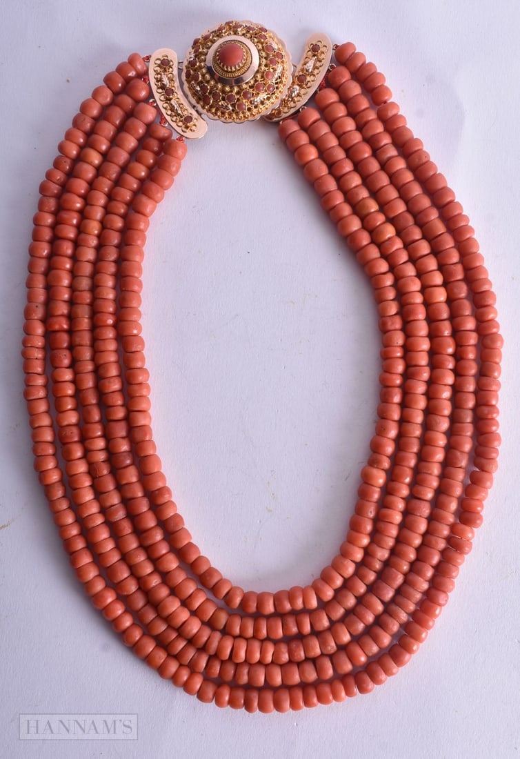 A Five Strand Coral Necklace with Gold Clasp. Length 40cm, weight 203g (1 of 4)