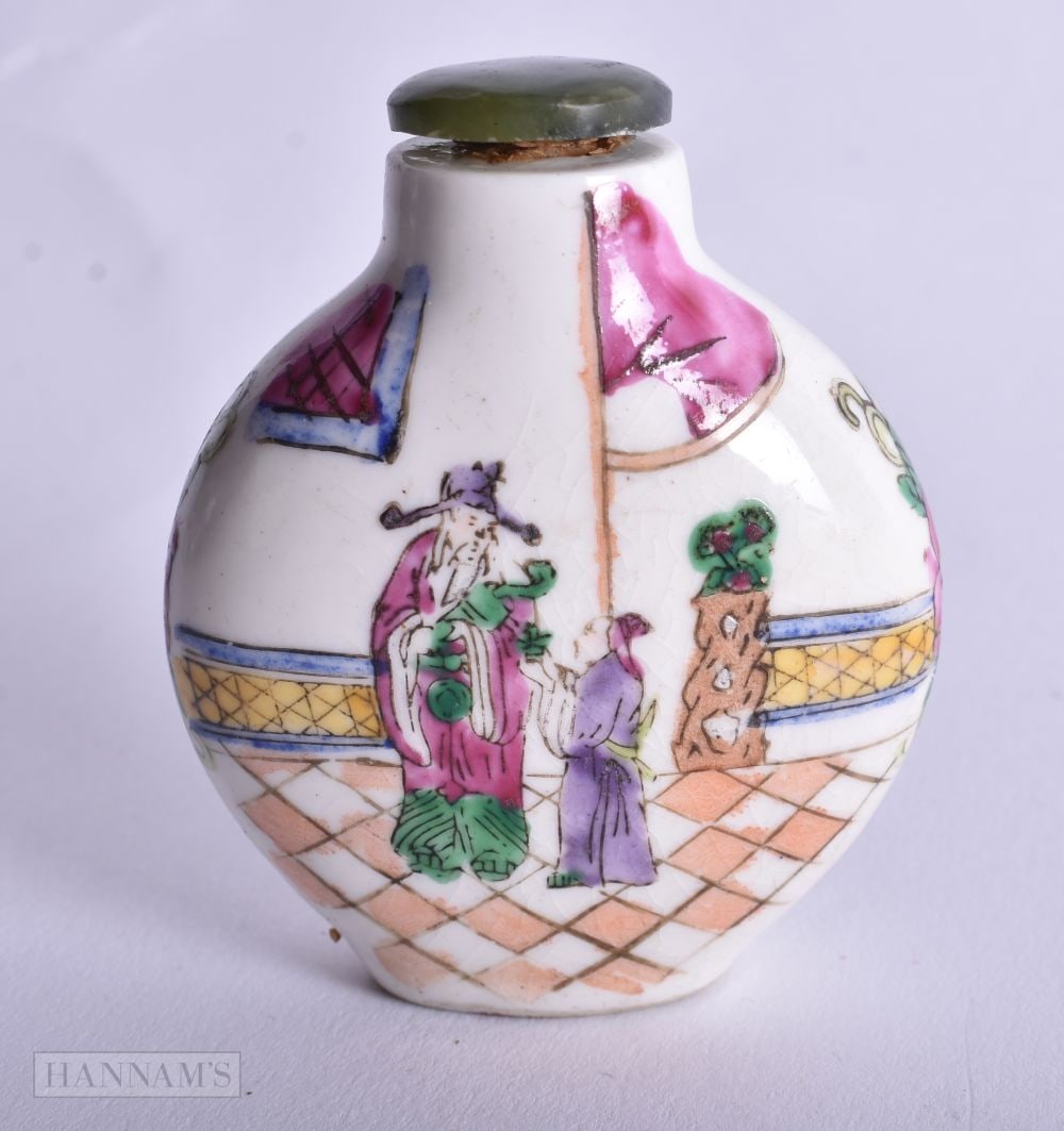 A Chinese Porcelain Snuff Bottle decorated with figures in an interior. 6.4cm x 5.2cm x 2.6cm, weig (1 of 4)