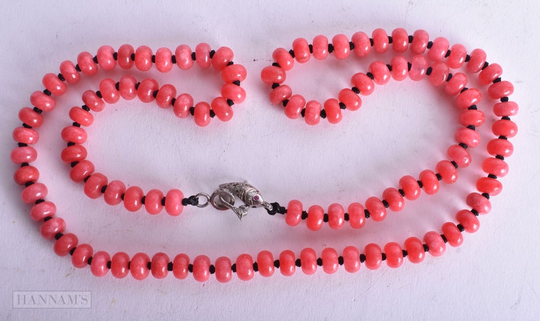 A Hardstone Bead Necklace with a Diamond Chip encrusted Fish Clasp. 70cm long, weight 58g (1 of 3)
