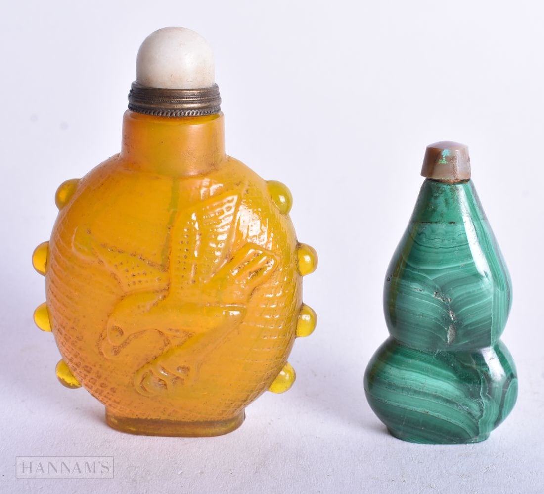 A Chinese Glass Snuff Bottle together with a Malachite Snuff Bottle. Glass 7.8cm x 5.3cm x 2.8cm, t (1 of 4)