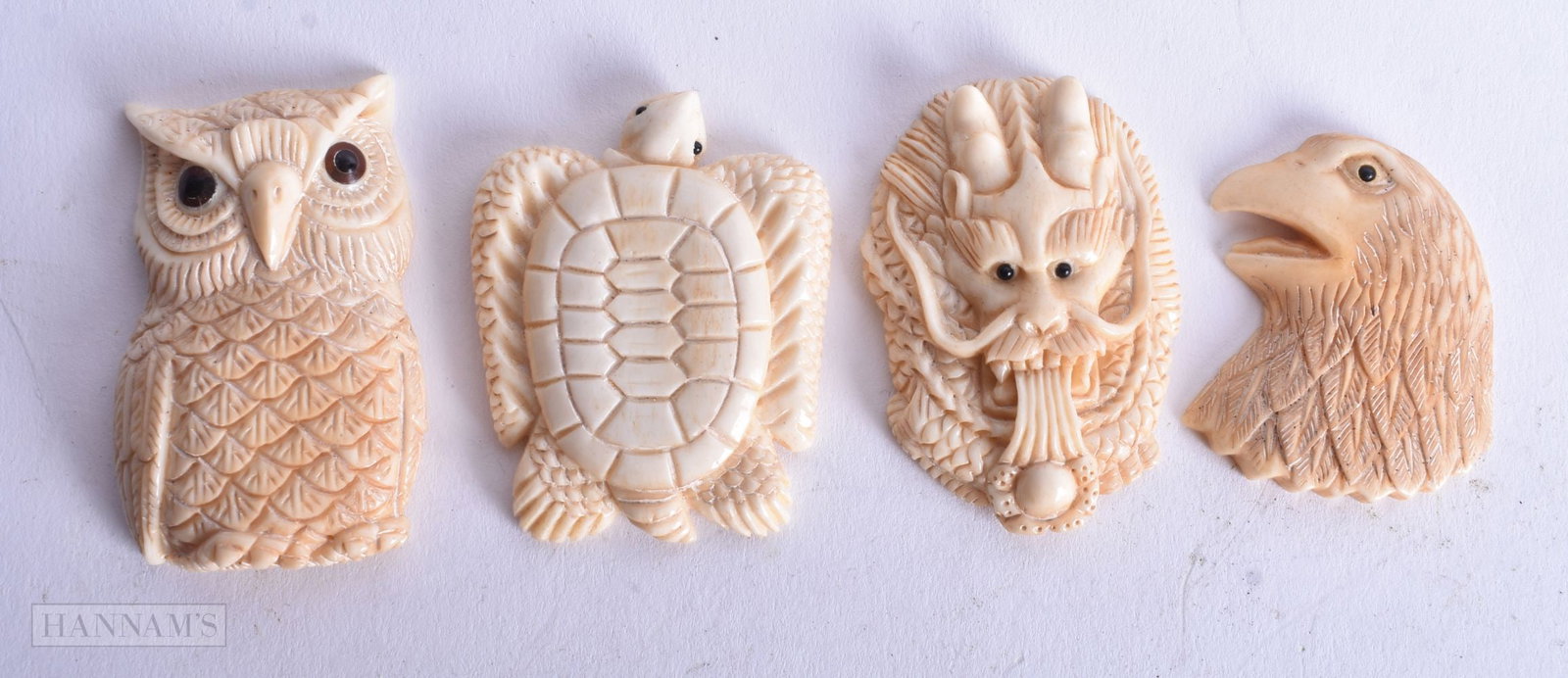 Four Carved Birds. Largest 4.8cm x 3.2cm, total weight 47.7g (4): Four Carved Birds. Largest 4.8cm x 3.2cm, total weight 47.7g (4)