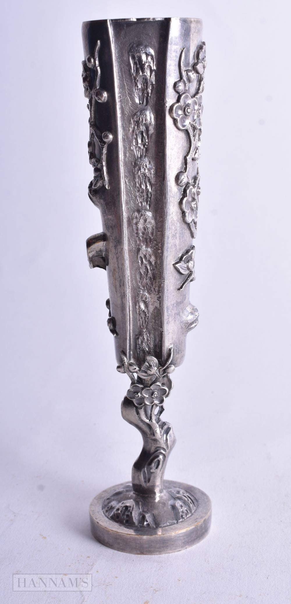 A Chinese Silver Vase with an Ornate Foliate Decoration. Chinese Marks on Base Rim. 15 cm x 3.5 cm (1 of 4)