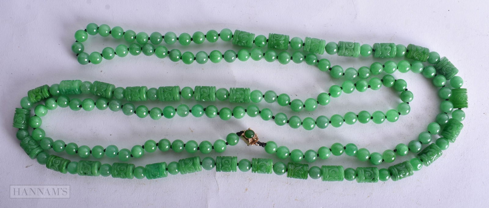 A Jade Bead Necklace with a Gold Clasp, Necklace Length 163cm, Largest Bead Size 9mm, weight 186g (1 of 3)