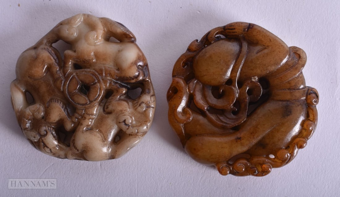 Two Carved Jade Roundels. Largest 5.1cm x 1cm, total weight 78g (2) (1 of 2)