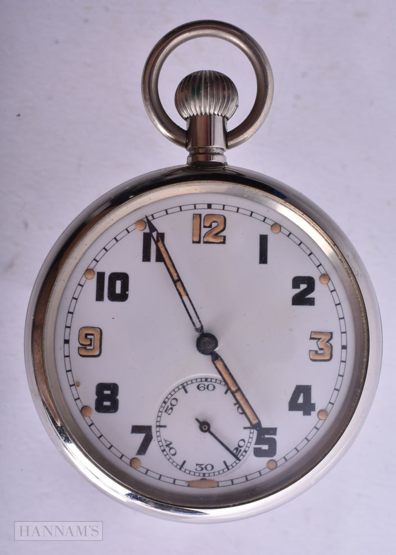 A Military Open Faced Pocket Watch, Hand wind, Working, 5.1cm diameter, weight 91g (1 of 2)