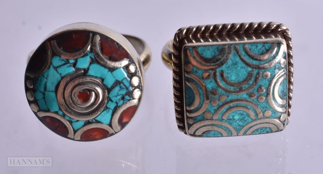 Two Tibetan Hardstone Rings. Sizes P & Q, total weight 26g (2) (1 of 3)