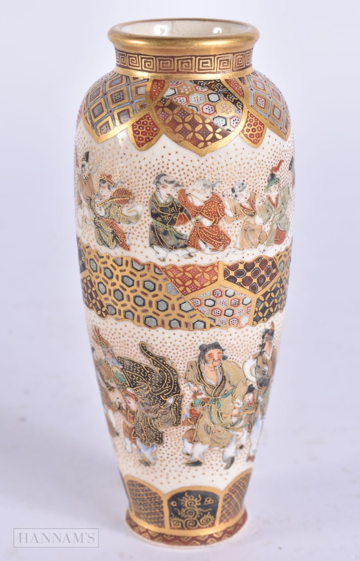 A LATE 19TH CENTURY JAPANESE MEIJI PERIOD SATSUMA VASE painted with figures. 9.75 cm high. (1 of 5)