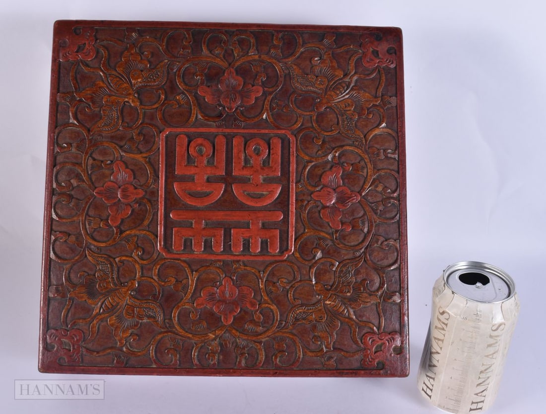 AN UNUSUAL CHINESE QING DYNASTY CARVED AND LACQUERED WOOD BOX AND COVER. 28cm square.: AN UNUSUAL CHINESE QING DYNASTY CARVED AND LACQUERED WOOD BOX AND COVER. 28cm square.
