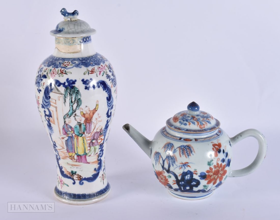 AN 18TH CENTURY CHINESE EXPORT PORCELAIN VASE AND COVER Qianlong, together with a similar teapot. La (1 of 5)