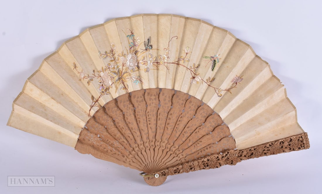 A 19TH CENTURY CHINESE SANDALWOOD SILK EMBROIDERED FAN Late Qing. 50 cm extended. (1 of 7)