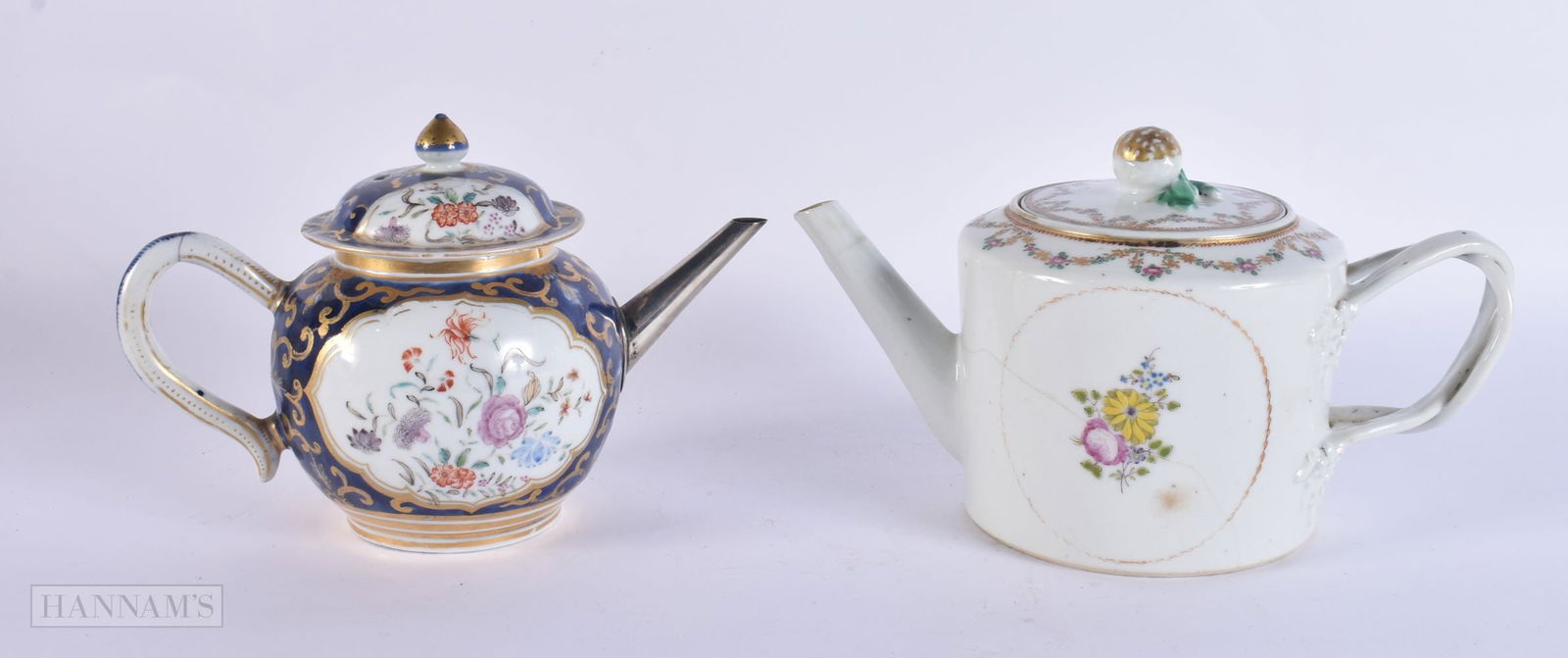 TWO 18TH CENTURY CHINESE EXPORT PORCELAIN TEAPOTS AND COVERS Qianlong. 21.5 cm wide. (2) (1 of 6)