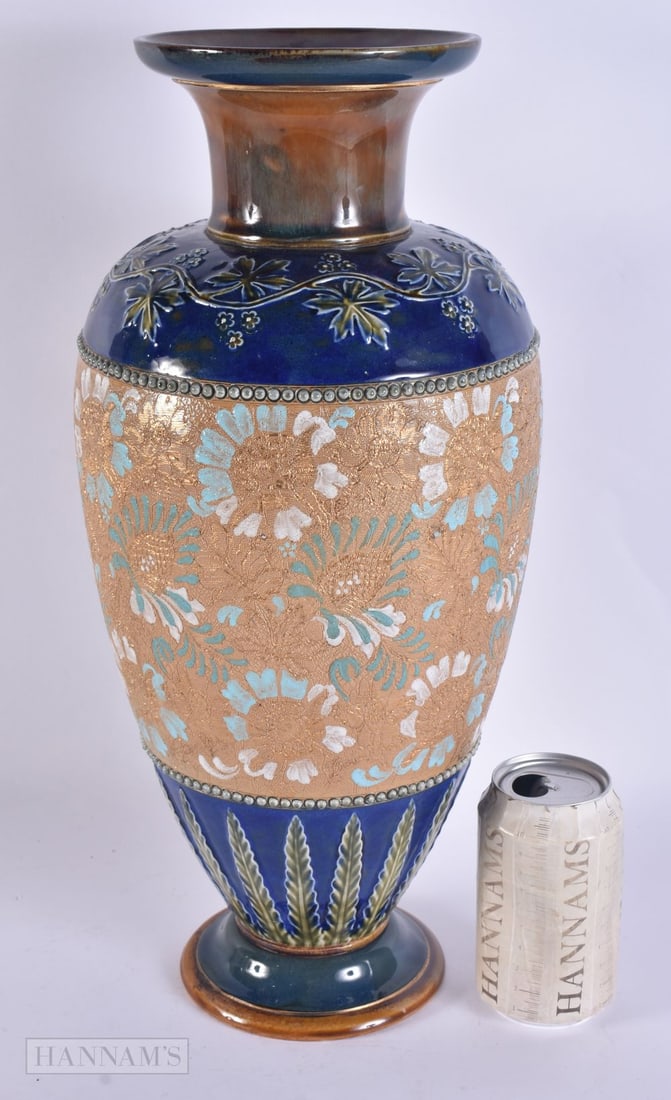 A LARGE ANTIQUE DOULTON STONEWARE VASE decorated with flowers. 44 cm x 18 cm. (1 of 5)
