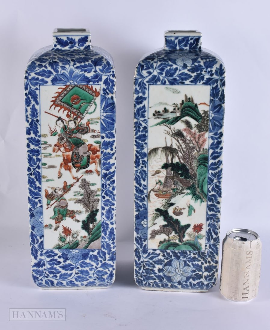 A FINE LARGE PAIR OF 19TH CENTURY CHINESE FAMILLE VERTE BLUE AND WHITE SQUARE FORM VASES Qing. 44 cm: A FINE LARGE PAIR OF 19TH CENTURY CHINESE FAMILLE VERTE BLUE AND WHITE SQUARE FORM VASES Qing. 44 cm x 14cm.