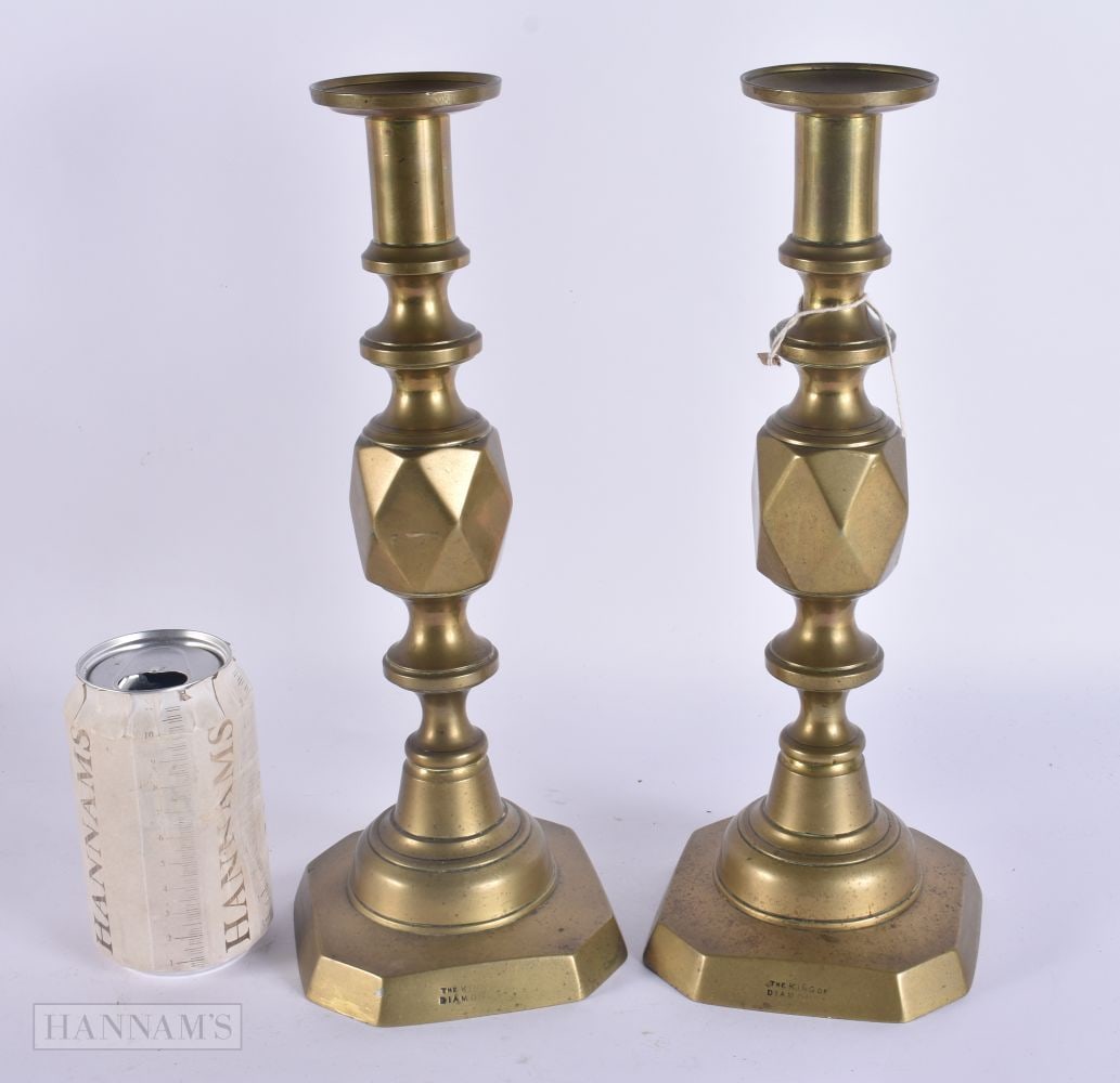 A PAIR OF ANTIQUE BRASS CANDLESTICKS. 31.5 cm high. (1 of 6)