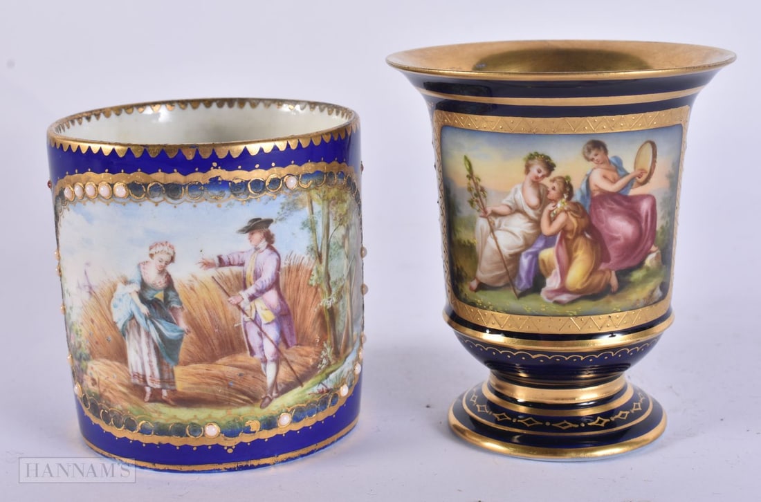 A 19TH CENTURY FRENCH SEVRES PORCELAIN JEWELLED CUP together with a Vienna cup. Largest 8.75 cm high: A 19TH CENTURY FRENCH SEVRES PORCELAIN JEWELLED CUP together with a Vienna cup. Largest 8.75 cm high. (2)