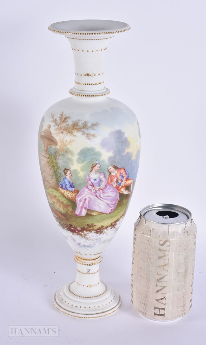 AN ANTIQUE FRENCH BISQUE SEVRES STYLE PORCELAIN VASE painted with figures in a landscape. 33 cm high (1 of 6)