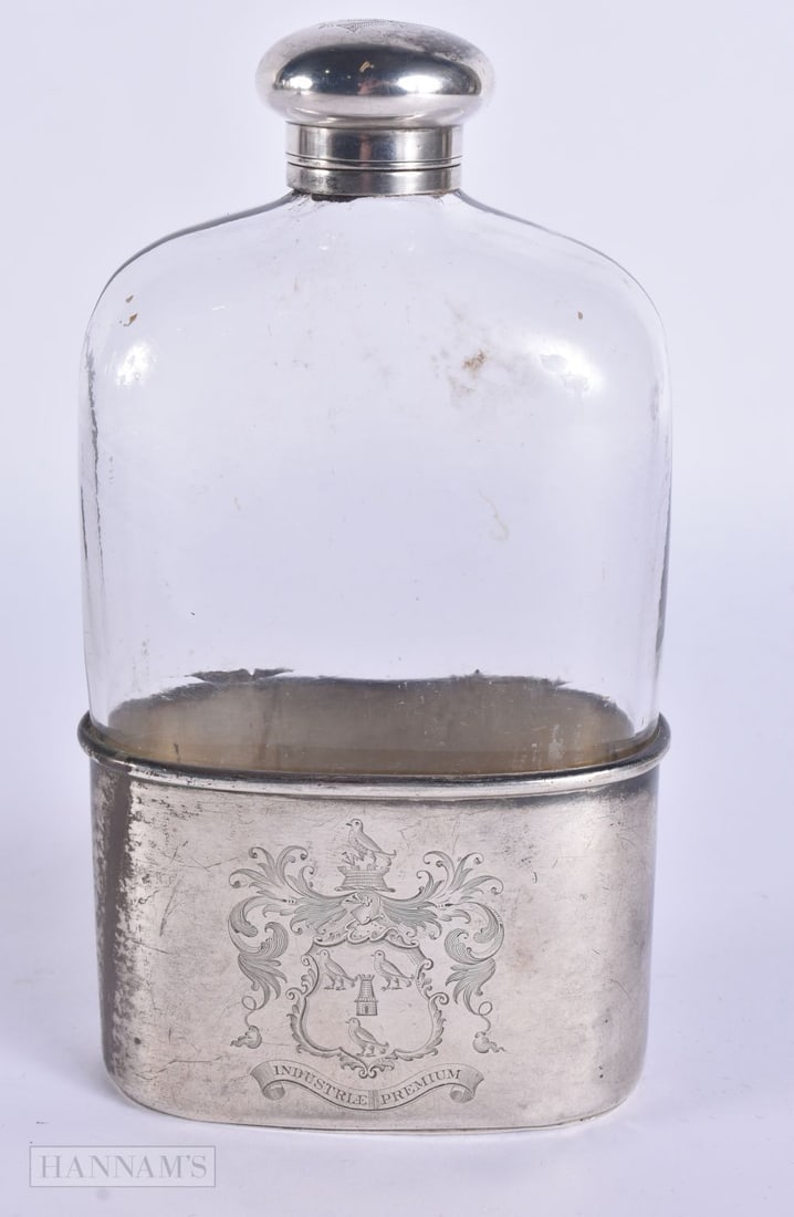 A VICTORIAN SILVER MOUNTED GLASS HIP FLASK. Silver 88 grams. 16 cm high. (1 of 6)